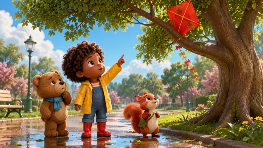 AI animation still: child pointing at a kite stuck in a tree, teddy bear and squirrel beside them